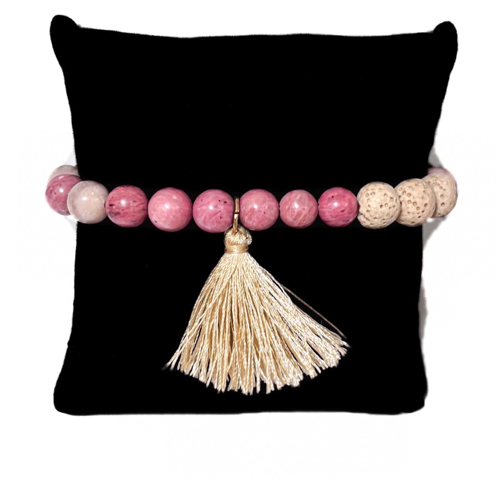 NEW - Boho Stackable Rhodonite & Lava Bead Stretch Tassel Bracelet Mala Yoga